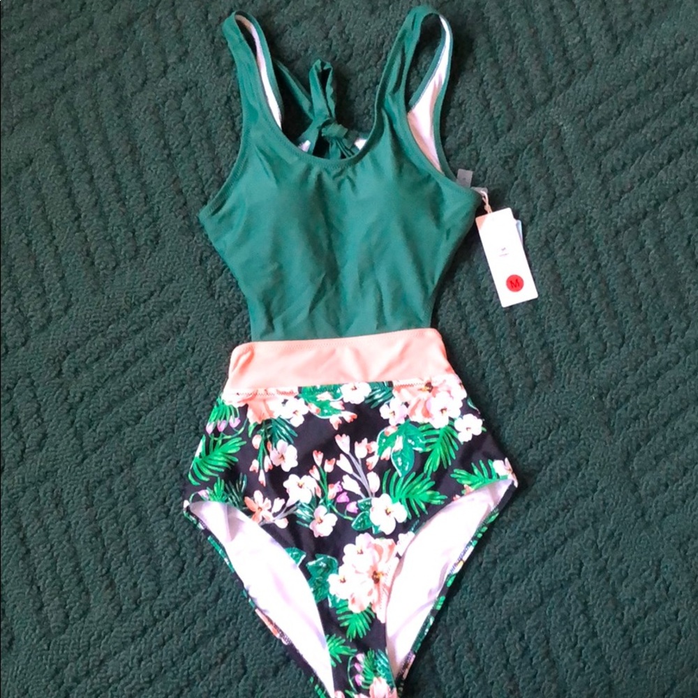 Green and Pink Cut Out One Piece Swimsuit